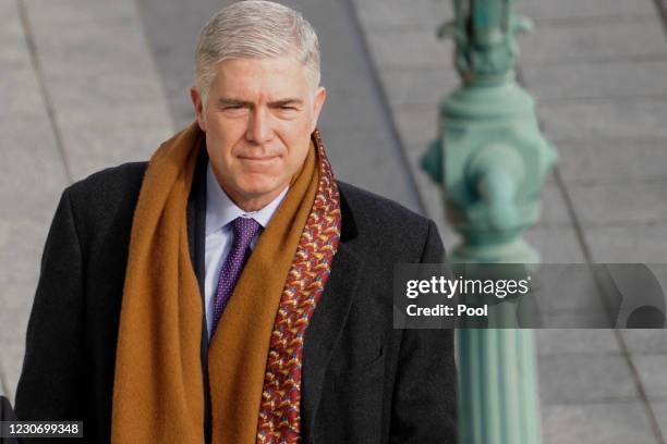 Justice Neil M. Gorsuch arrives at the U.S. Capitol ahead of the inauguration of President Joe Biden on January 20, 2021 in Washington, DC. After...