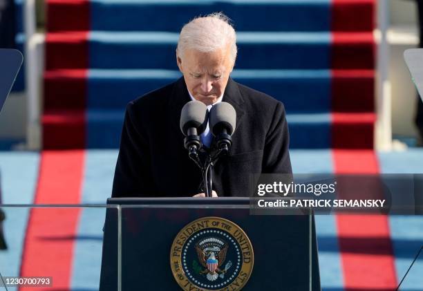 President Joe Biden delivers his inauguration speech on January 20 at the US Capitol in Washington, DC.