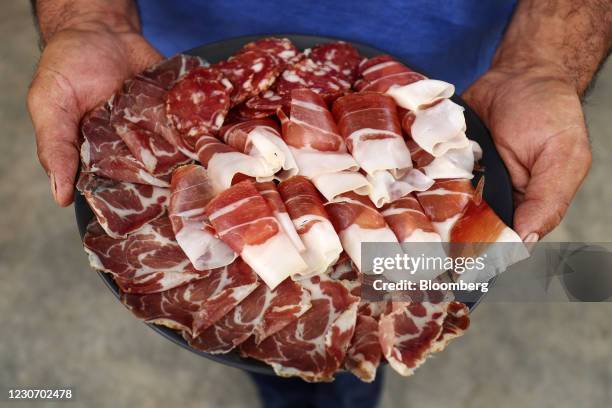Plate of cured pork; capocollo, prosciutto and salami at Taluca Park free range farm in Exeter, Australia, on Thursday, Jan. 14, 2021. Australia's...