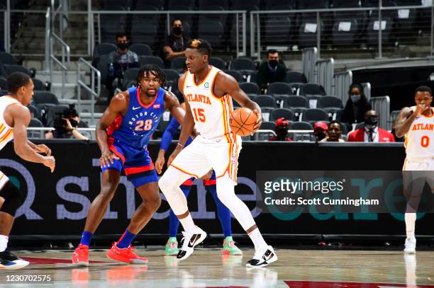 Clint Capela of the Atlanta Hawks dribbles during the game against the Detroit Pistons on January 20, 2021 at State Farm Arena in Atlanta, Georgia....