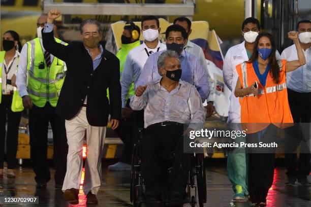 President of Ecuador, Lenín Moreno smiles after receiving the shipment with the first doses of the Pfizer-BioNTech Covid-19 vaccine at Jose Joaquin...