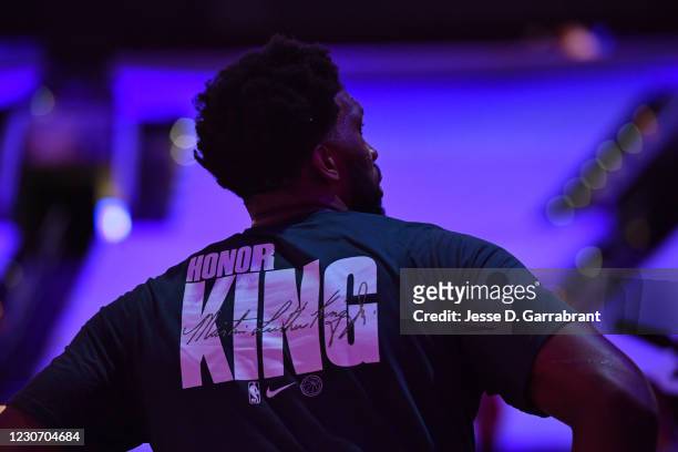 Close up view of the back of the Philadelphia 76ers warm up jerseys for MLK Day on January 20, 2021 at Wells Fargo Center in Philadelphia,...