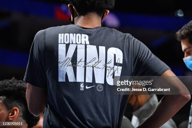 Close up view of the Philadelphia 76ers MLK warm up shirts during a game against the Boston Celtics on January 20, 2021 at Wells Fargo Center in...