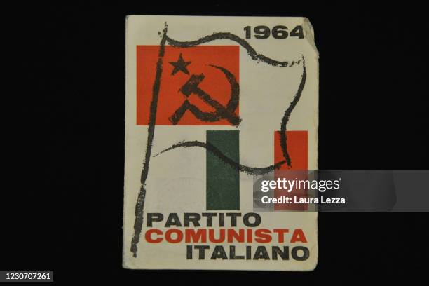 Membership card of the Partito Comunista Italiano shown at the exhibition for the 100th anniversary of the party's birth at the Bottini dell'Olio on...