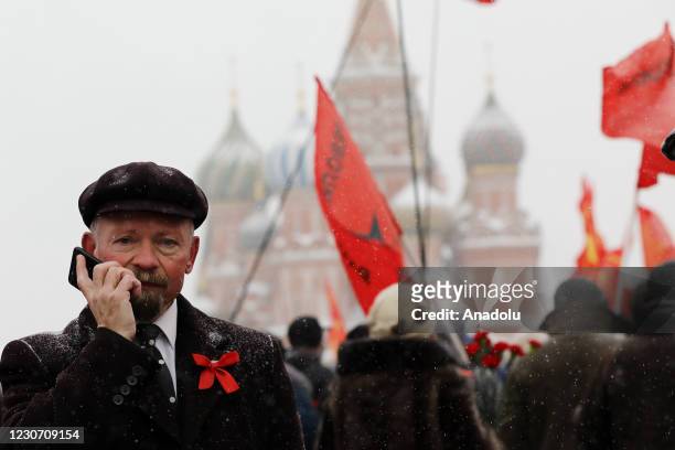 Man resembling Vladimir Lenin attends a commemoration ceremony to mark the 97th death anniversary of Vladimir Lenin at the Mausoleum of Vladimir...