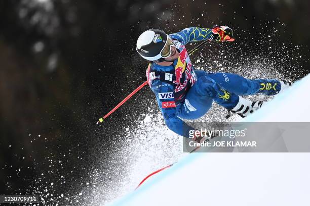 Jared Goldberg of the US races during a training session of the men's downhill event at the FIS Alpine Ski World Cup in Kitzbuehel, Austria, on...