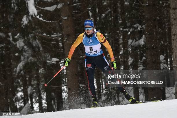 German Franziska Preuss competes in the IBU Biathlon World Cup Women's 15 km Individual Competition in Antholz-Anterselva, Italian Alps, on January...