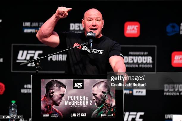 President Dana White interacts with media during the UFC 257 press conference event inside Etihad Arena on UFC Fight Island on January 21, 2021 in...