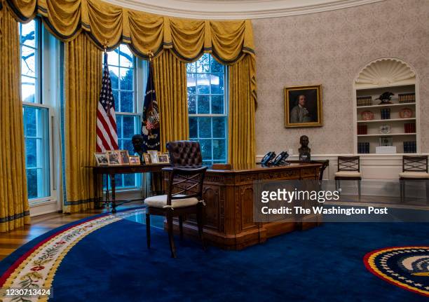 January 20: A view of the Resolute desk seen during an early preview of the redesigned Oval Office awaiting President Joseph Biden at the White House...