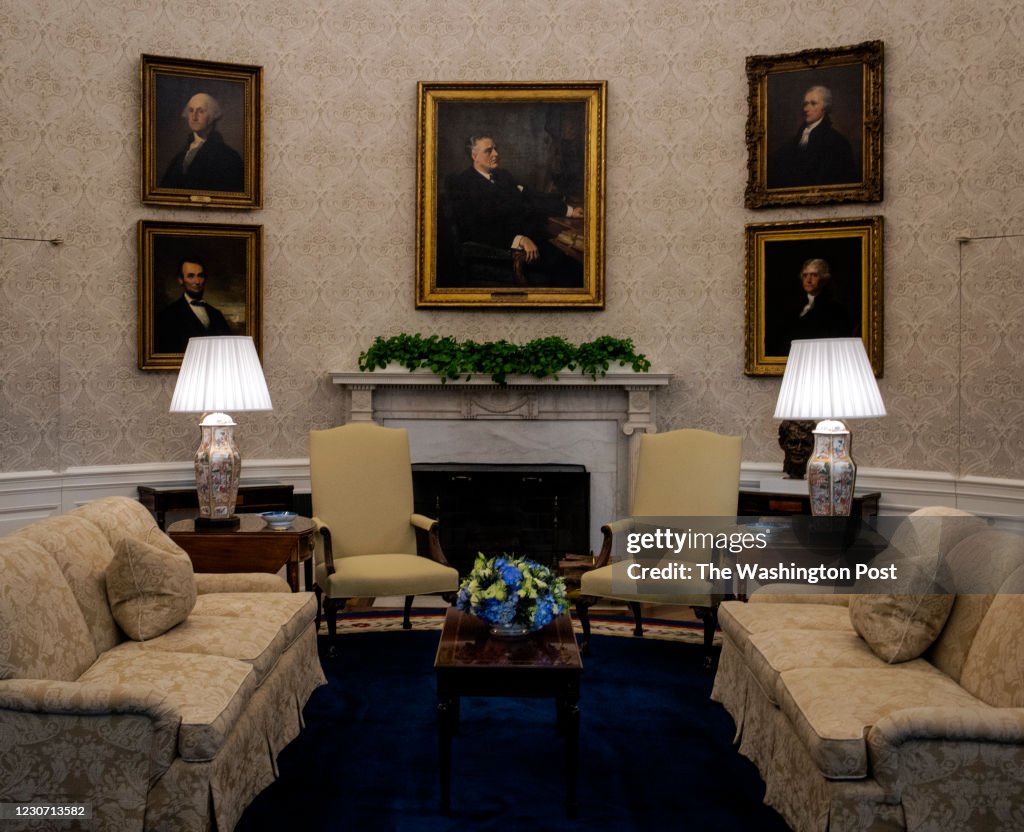 An early preview of the redesigned Oval Office awaiting President Joseph Biden at the White House, on January 20 in Washington, DC.