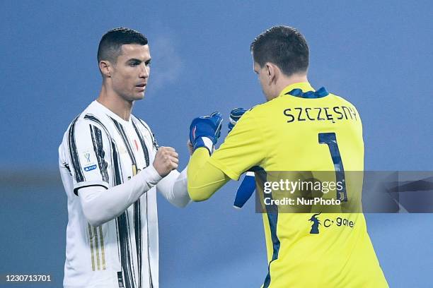 Cristiano Ronaldo of Juventus FC and Wojciech Szczesny of Juventus FC celebrate during the Italian PS5 Supercup Final match between FC Juventus and...