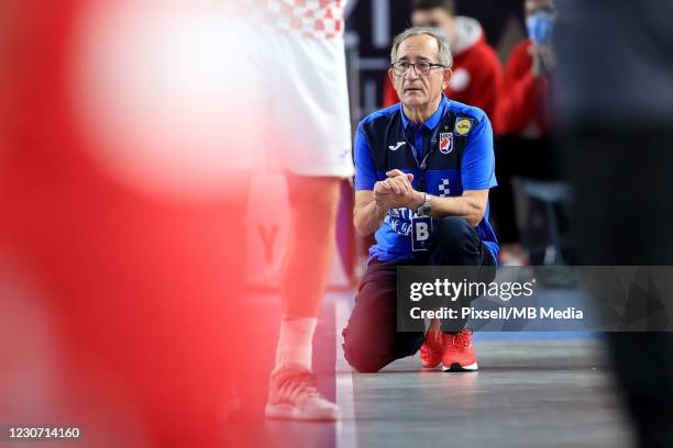 Croatia Head coach Lino Cervar reacts during the 27th IHF Men's World Championship Group II match between Croatia and Bahrain at Cairo Stadium Sports...