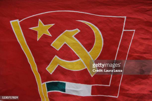 Detail of an old Communist Party flag on the day of the centenary of the founding of the Italian Communist Party on January 21, 2021 in Livorno,...