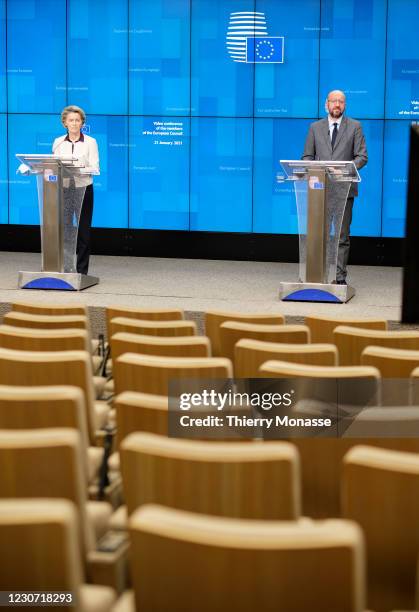 President of the European Commission, Ursula von der Leyen and the President of the European Council, Charles Michel are talking to media at the end...