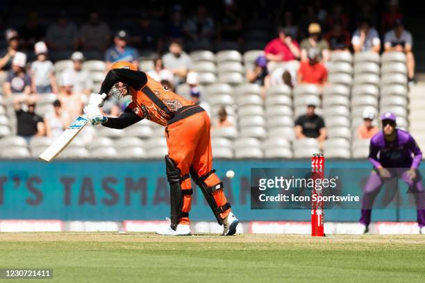 Perth Scorchers Player Jason Roy gets LBW during the Big Bash League cricket match between Hobart Hurricanes and Perth Scorchers at Marvel Stadium on...
