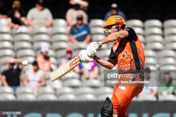 Perth Scorchers Player Mitch Marsh bats during the Big Bash League cricket match between Hobart Hurricanes and Perth Scorchers at Marvel Stadium on...