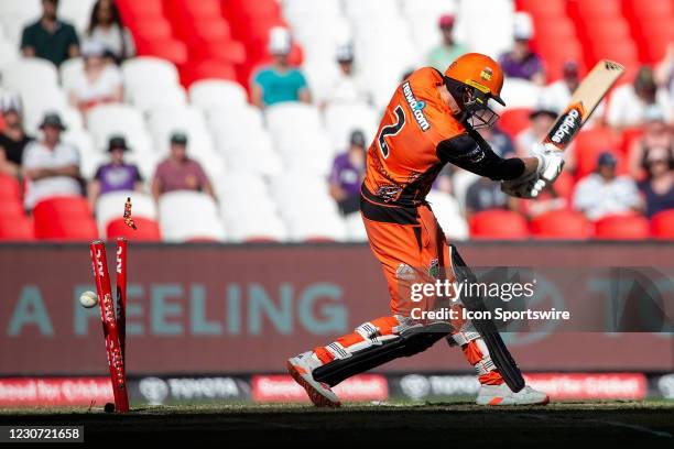 Perth Scorchers Player Jhye Richardson dismissed during the Big Bash League cricket match between Hobart Hurricanes and Perth Scorchers at Marvel...