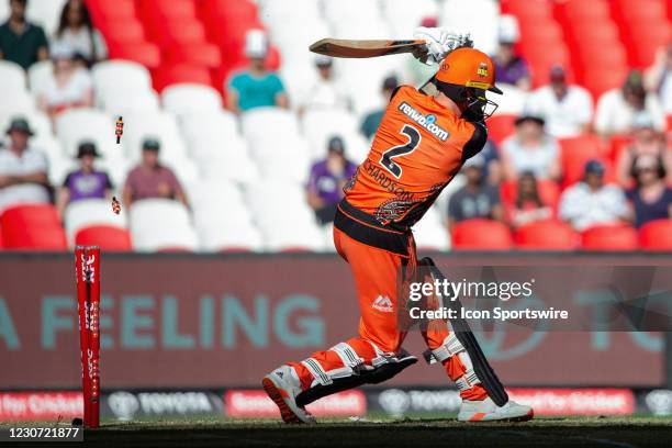 Perth Scorchers Player Jhye Richardson dismissed during the Big Bash League cricket match between Hobart Hurricanes and Perth Scorchers at Marvel...