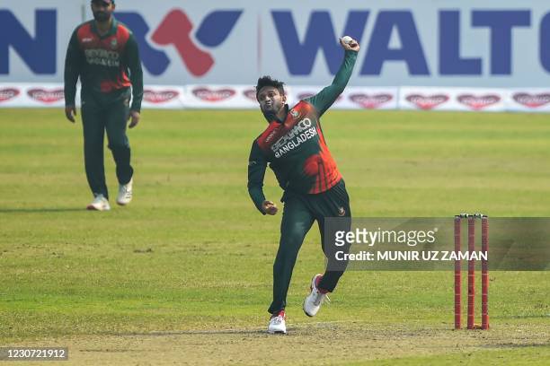 Bangladesh's Shakib Al Hasan delivers a ball during the second one-day international cricket match between Bangladesh and West Indies at the...