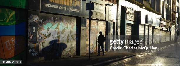 Panoramic view of North street in the city centre and a row of shuttered shops on January 20, 2021 in Belfast, Northern Ireland. The province...