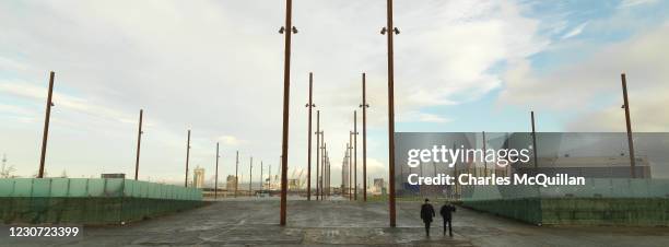 Panoramic view of the Titanic slipway tourist attraction on January 7, 2021 in Belfast, Northern Ireland. Normally the Titanic visitors centre is...