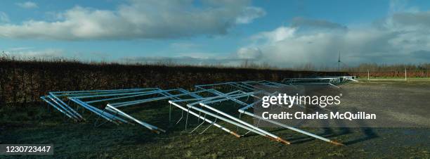 Goalposts are seen stacked up at a Belfast playing fields complex as the lockdown tightens with all elite and amateur sport cancelled on December 29,...