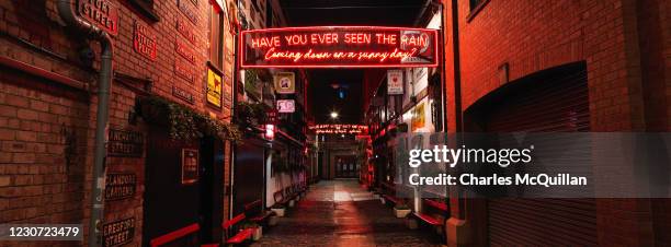 Panoramic view of the popular Duke of York bar outside seating area on New Years Eve on December 31, 2020 in Belfast, Northern Ireland. Usually the...