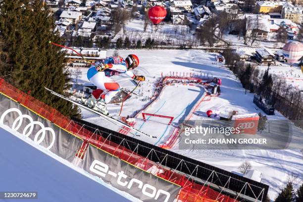 Switzerland's Beat Feuz competes during the men's downhill event at the FIS Alpine Ski World Cup, also known as Hahnenkamm race, in Kitzbuehel,...