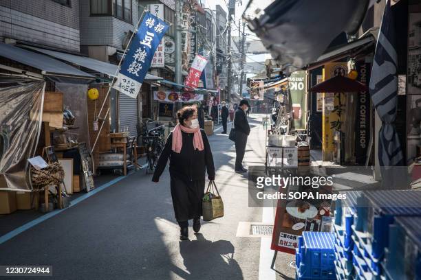 Woman wearing a face mask as a measure against Covid19 walks through a not so busy Tsukiji Outer Market in Tokyo. Tsukiji is devoid of much activity...