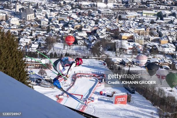 France's Nils Allegre competes during the men's downhill event at the FIS Alpine Ski World Cup, also known as Hahnenkamm race, in Kitzbuehel,...