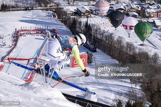 Germany's Romed Baumann competes during the men's downhill event at the FIS Alpine Ski World Cup, also known as Hahnenkamm race, in Kitzbuehel,...