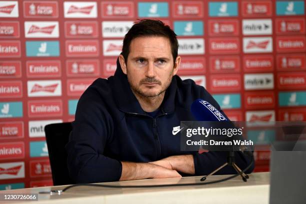 Manager Frank Lampard of Chelsea during a press conference at Chelsea Training Ground on January 22, 2021 in Cobham, England.