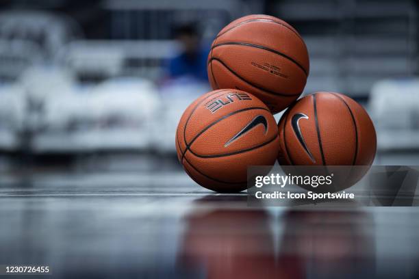 Stack of basketballs lays on the court before the women's college basketball game between the Butler Bulldogs and DePaul Blue Demons on January 21 at...