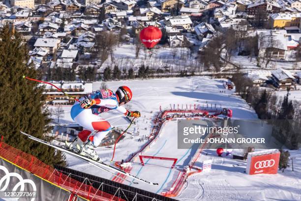 Switzerland's Beat Feuz competes during the men's downhill event at the FIS Alpine Ski World Cup, also known as Hahnenkamm race, in Kitzbuehel,...