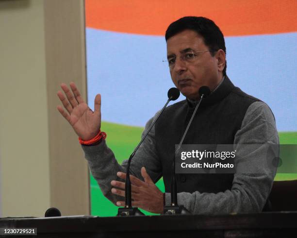 General Secretary, Randeep Singh Surjewala addresses media during a press conference after Congress Working Committee's meet to finalise the schedule...