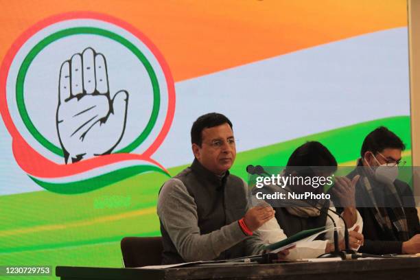 General Secretary, Randeep Singh Surjewala and K.C. Venugopal address media during a press conference after Congress Working Committee's meet to...