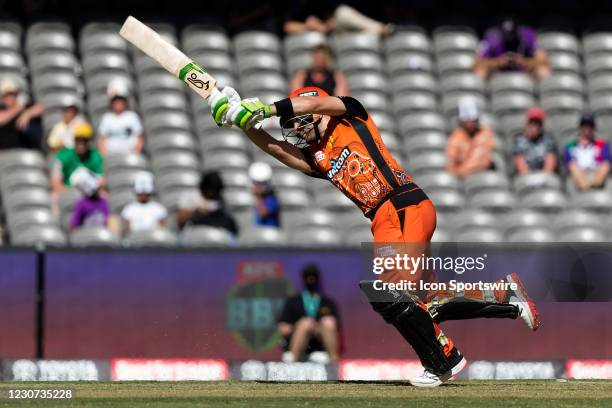 Perth Scorchers Player Josh Inglis bats during the Big Bash League cricket match between Hobart Hurricanes and Perth Scorchers at Marvel Stadium on...