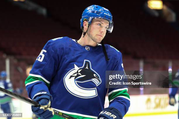 Vancouver Canucks Defenceman Brogan Rafferty warms up before playing the Montreal Canadiens during their NHL game at Rogers Arena on January 21, 2021...