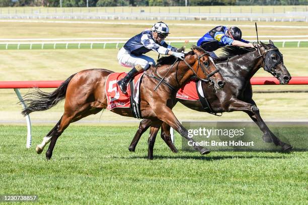 Grinzinger Allee ridden by Jamie Kah wins the Ladbrokes Odds Boost Handicap at Ladbrokes Park Racecourse on January 23, 2021 in Springvale, Australia.