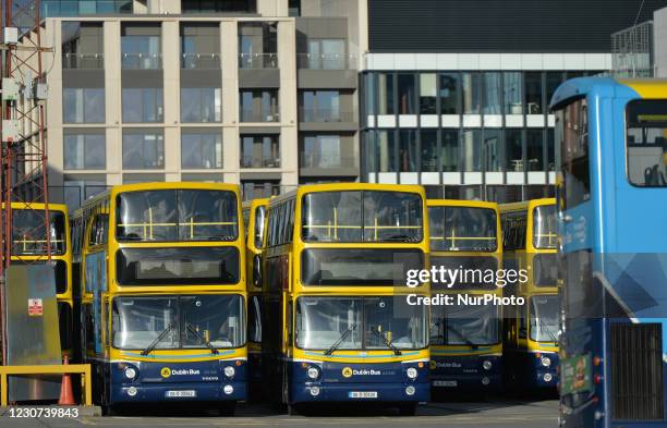 Parked buses at Ringsend Dublin Bus depot in Dublin during Level 5 Covid-19 lockdown. On Friday, 22 January in Dublin, Ireland.