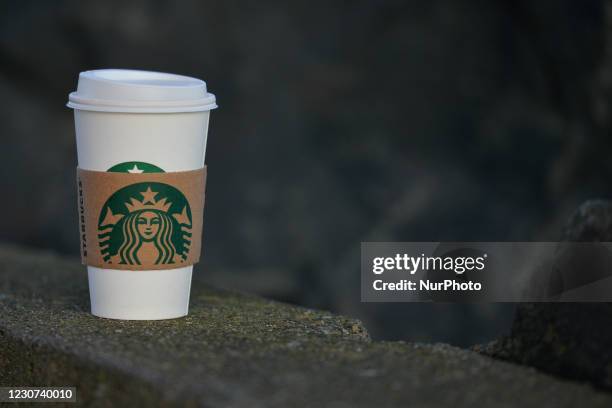 View of Starbucks cup of coffee, in Dublin during Level 5 Covid-19 lockdown. On Friday, 22 January in Dublin, Ireland.