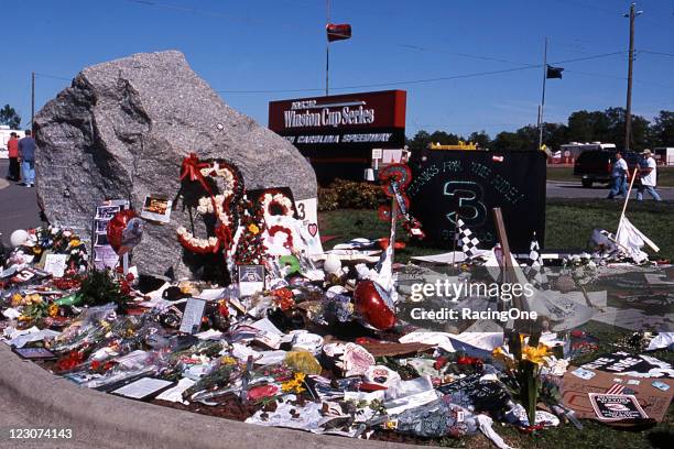 Makeshift memorial in tribute to Dale Earnhardt placed by fans graces the entrance to North Carolina Motor Speedway prior to the NASCAR Cup race.