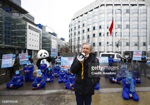 Former German Christian Democratic Union lawmaker Jurgen Todenhofer attends a protest held by Team Todenhofer against the Chinese government's...