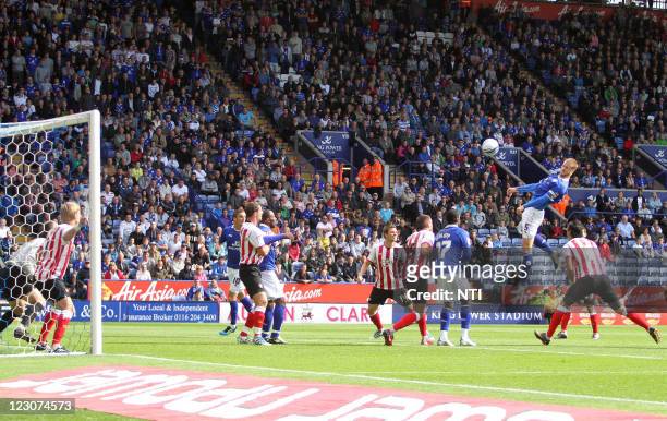 Leicester's Matt Mills has a header at goal during the npower Championship match between Leicester City and Southampton at the King Power stadium on...