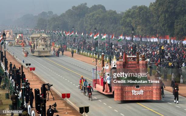 Tableau representing Delhi during full dress rehearsal for the Republic Day parade on January 23, 2020 in New Delhi, India.