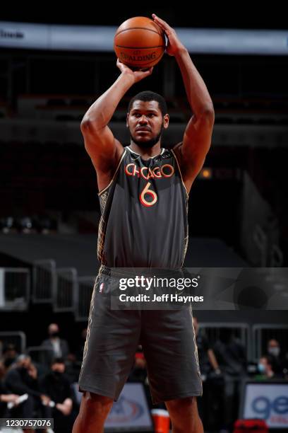 Cristiano Felicio of the Chicago Bulls shoots a free throw against the Los Angeles Lakers on January 23, 2021 at United Center in Chicago, Illinois....