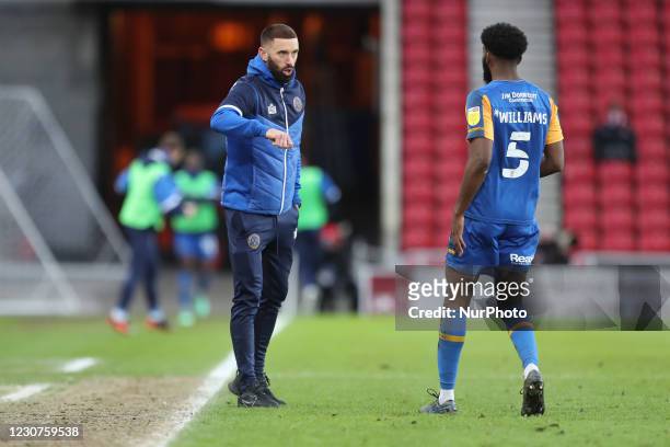 Shrewsbury Town assistant manager Aaron Wilbraham gives instructions to Ro-Shaun Williams during the Sky Bet League 1 match between Sunderland and...