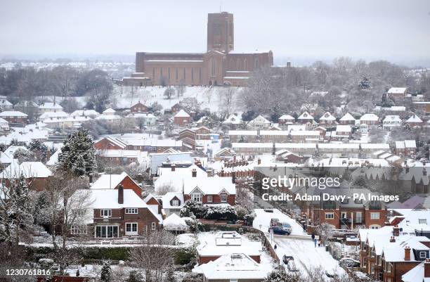 General view of a snowy Guildford Cathedral, Surrey. Picture date: Sunday January 24, 2021.
