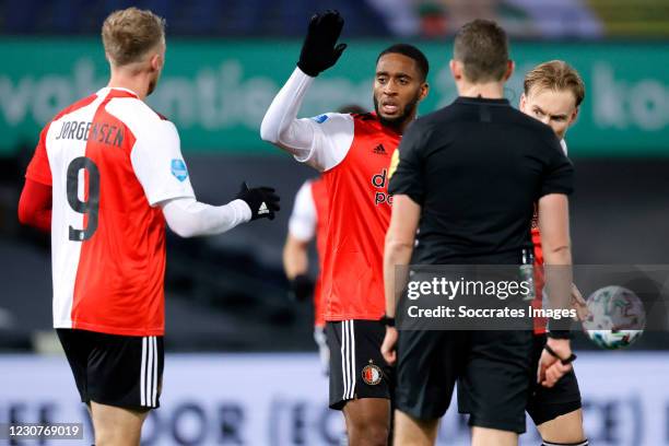 Mark Diemers of Feyenoord celebrates 2-2 with Nicolai Jorgensen of Feyenoord, Leroy Fer of Feyenoord during the Dutch Eredivisie match between...