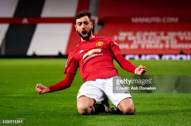 Bruno Fernandes of Manchester United celebrates scoring a goal to make the score 3-2 during the Emirates FA Cup Fourth Round match between Manchester...